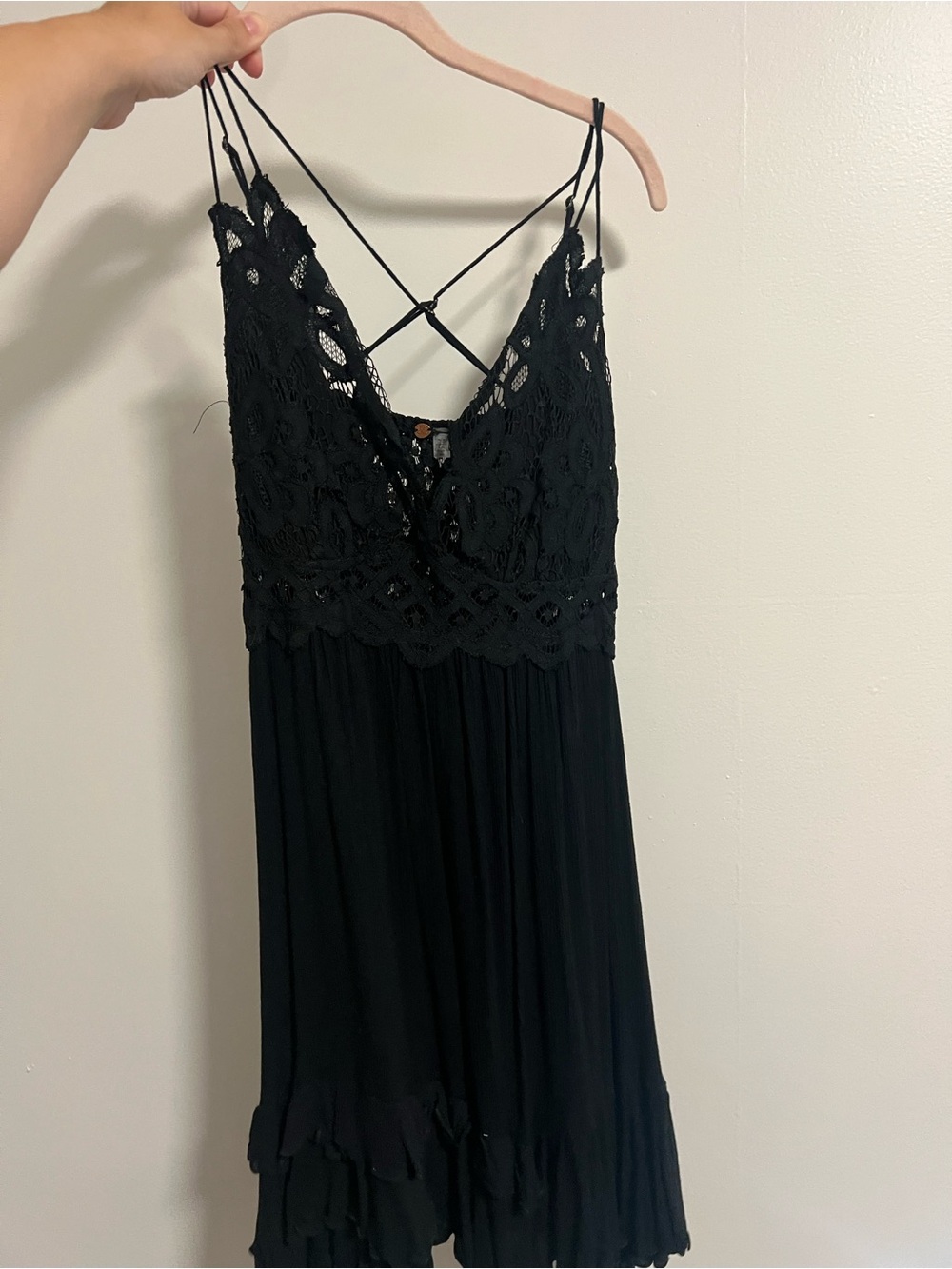 Free People Lace-Trim Black Camisole Slip Dress with Crisscross Back